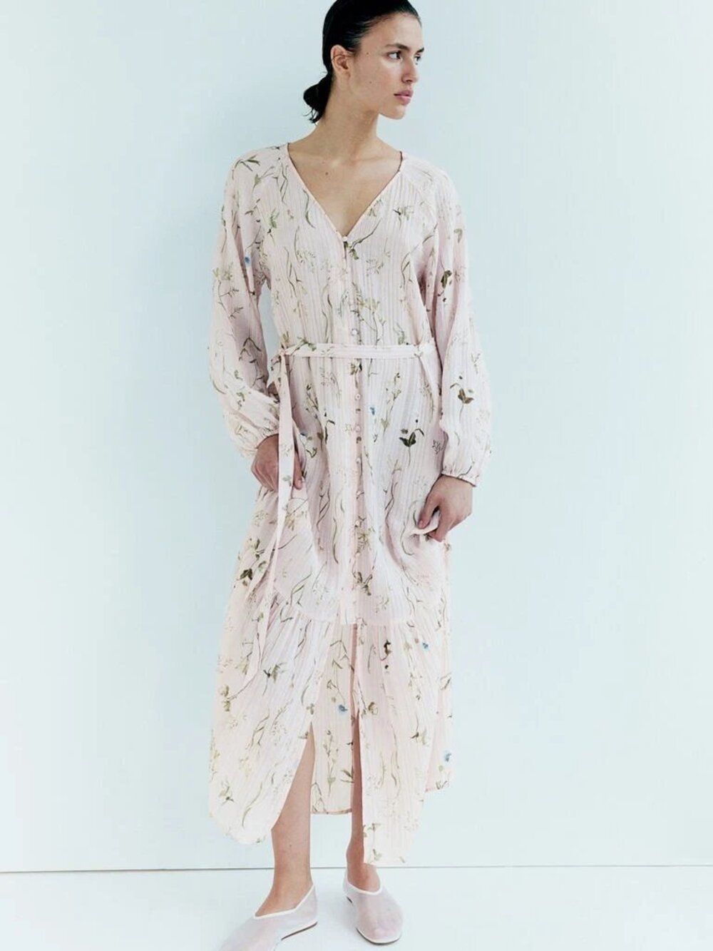 H&M Tie-belt Crepe Maxi Dress Powder Pink Long Size: S